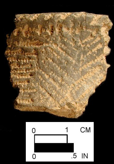 Clemson Island rim sherd with cord-impressed decoration from Herman Barton Village, site 18AG3/48.